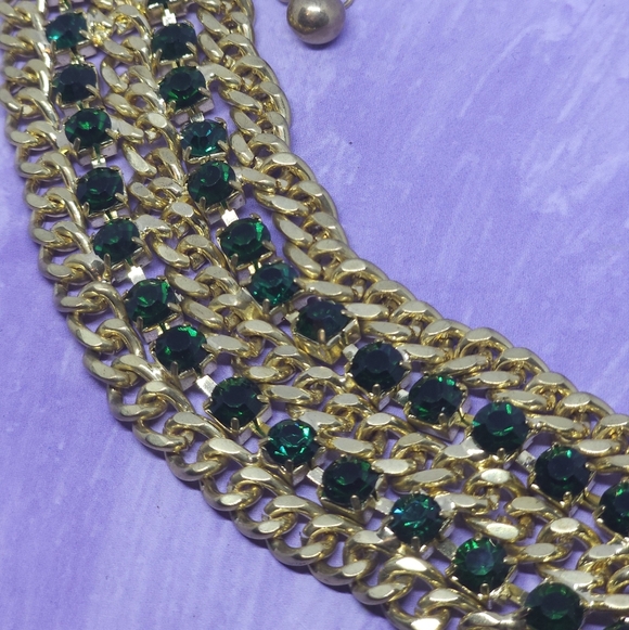 Gold Tone & Green Rhinestone Chain Chunky Bracelet - Picture 3 of 9
